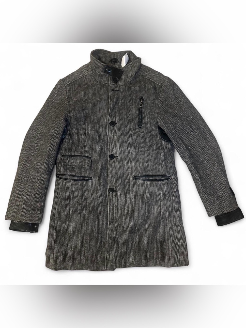 Rudsak Grey Herringbone Wool Leather Trim Winter Coat Jacket Large Mens Luxury